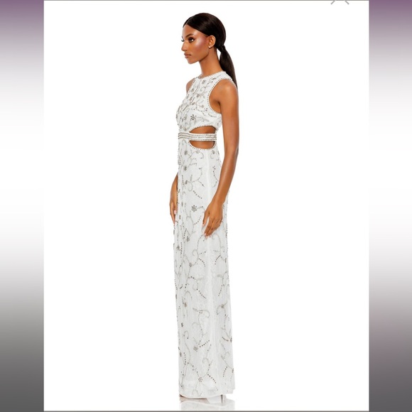 NWT $698 MAC DUGGAL 10873 WHITE EMBELLISHED JEWEL NECK CUTOUT WAIST COLUMN DRESS - Picture 4 of 5